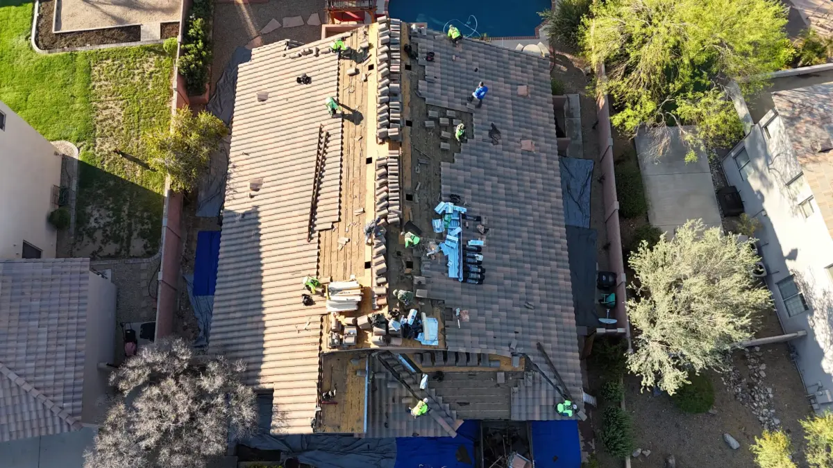 Aerial view of a completed roofing project